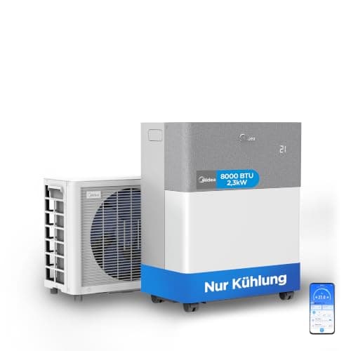 Midea PortaSplit Cool mit Innen- und Außeneinheit an einem Fenster